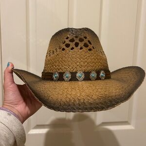 Brown Straw Cowboy Hat with Turquoise Conchos